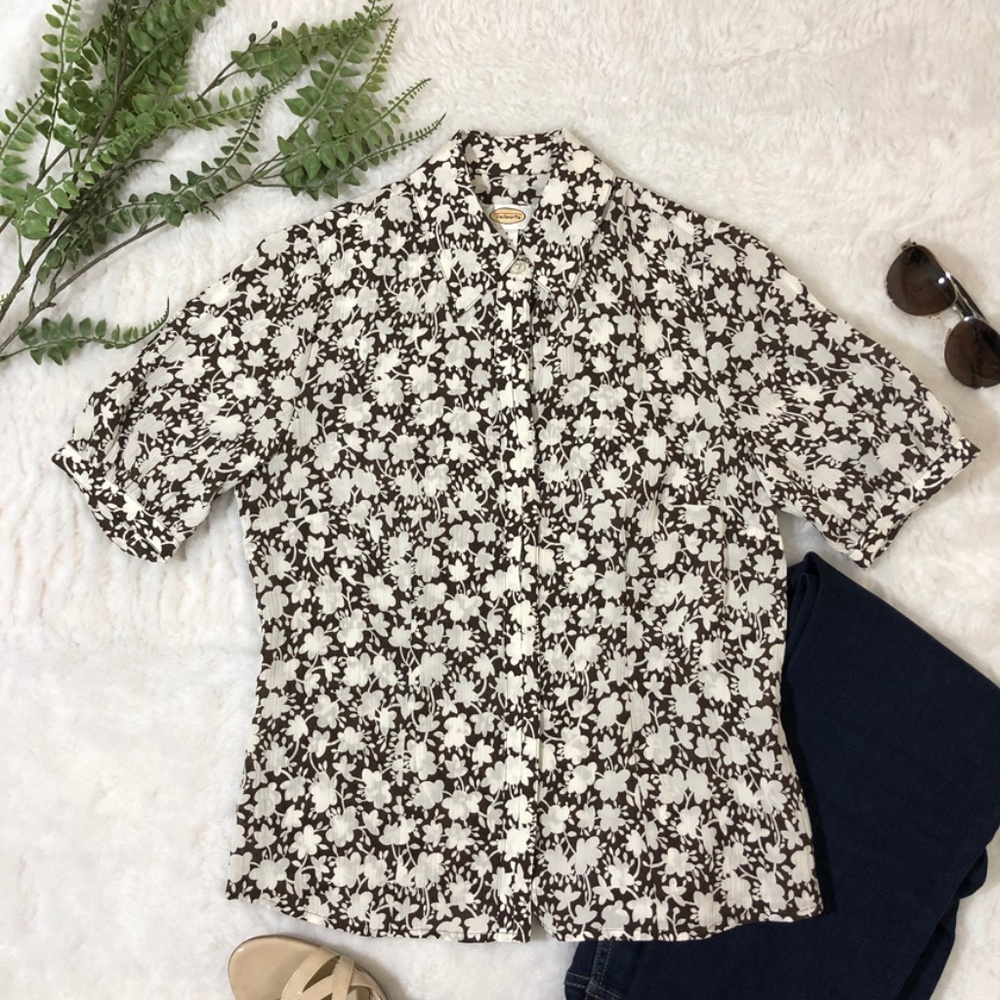 Talbots 100% Silk Brown/Cream Floral Print Blouse